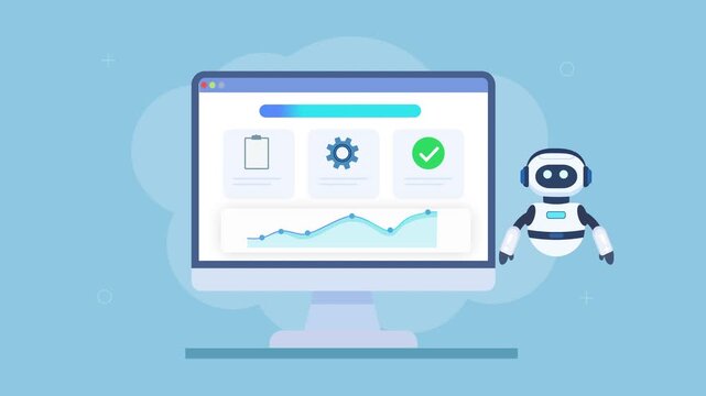 Flat vector animation of a computer dashboard with analytics chart, settings icon, and a friendly robot assistant, showing AI automation, monitoring, and digital workflow.