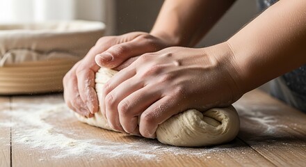 Fototapeta premium Close-up of hands kneading bread dough on a floured wooden table