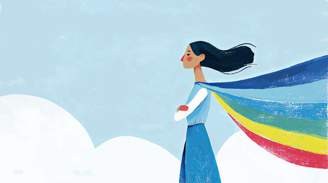 Abstract woman with flowing rainbow fabric in textured cutout style, modern LGBTQ pride illustration expressing identity, diversity, and emotional empowerment