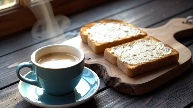 Breakfast Scene - Coffee Cup and Buttered Toast on Wooden Board.