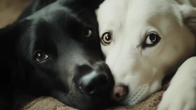 Close-up portrait of two dogs with brown eyes and black noses in repose on a dark surface.