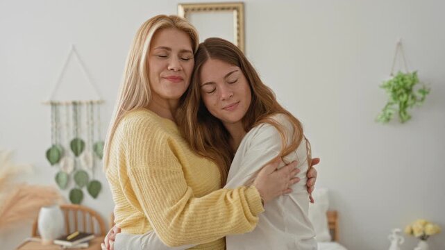 Woman mother hugging daughter, arm around shoulder, gentle smile, holding close in a building; family comfort.
