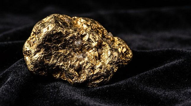 Massive raw gold nugget resting on luxurious black velvet with intense metallic shine and dramatic studio lighting, detailed photorealistic.