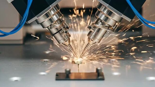 Automated laser welding machine manufacturing microchip with sparks