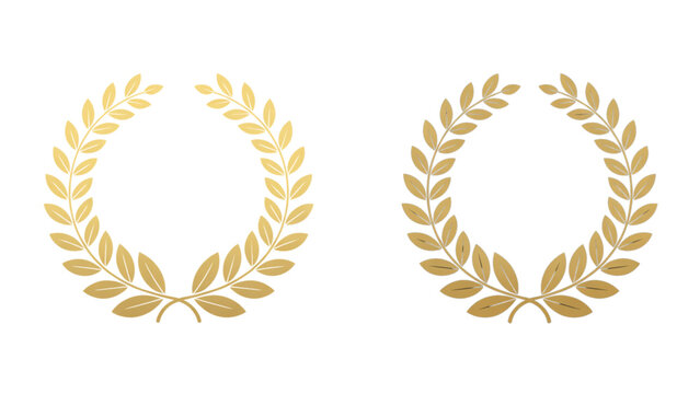 Elegant golden laurel wreath vector set with olive leaves and acorn details in symmetrical circular decorative botanical design
