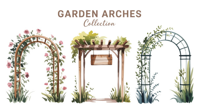 Hand drawn garden arch collection vector set featuring floral trellis pergola swing and climbing ivy decorative line art