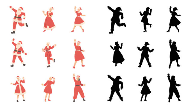 Festive Santa dance pose illustration set featuring holiday characters in dynamic movement with colored and silhouette versions
