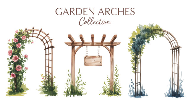 Hand drawn garden arch collection vector set featuring floral trellis pergola swing and climbing ivy decorative line art