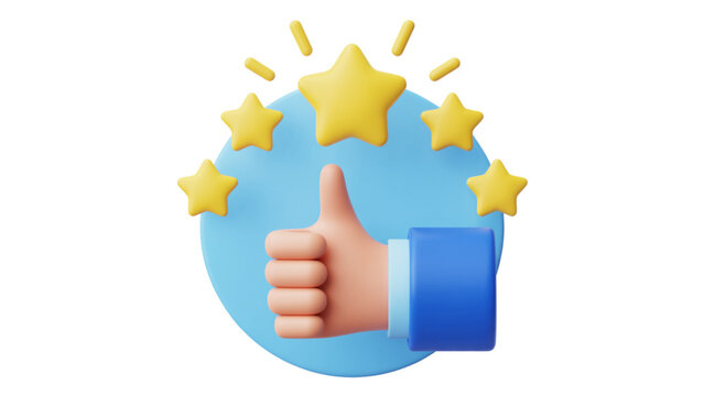 3D thumbs up hand gesture icon with five star rating feedback symbol in circular blue background modern review concept illustration