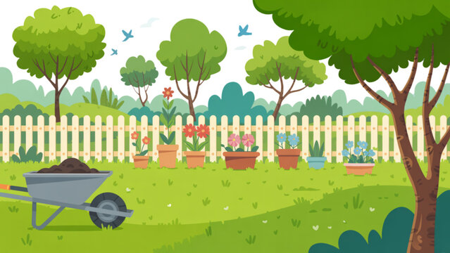 Cartoon garden illustration with white picket fence wheelbarrow soil flower pots colorful blooms and lush green trees in sunny outdoor scene