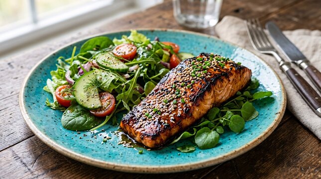 Perfectly seared glazed salmon fillet sprinkled with sesame seeds, served on a vibrant turquoise ceramic plate, highly photorealistic style.