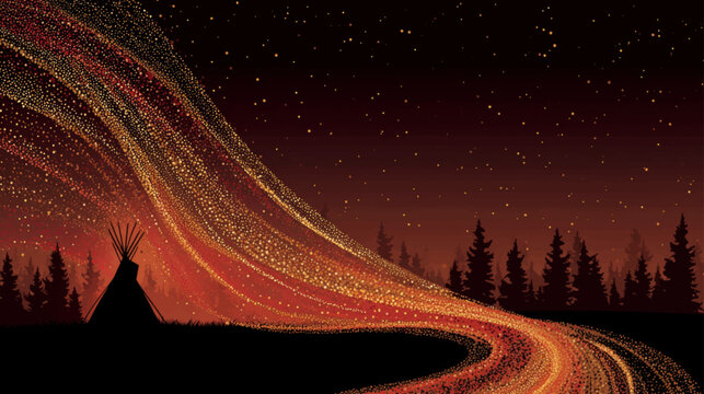 Painterly night sky with glowing particles and illuminated teepee in forest landscape symbolizing Indigenous culture, spirituality, and Canadian heritage storytelling