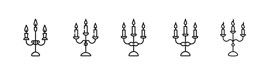 Fototapeta premium Candelabra line icons set vintage candle holder antique wrought iron stand classic interior decor lamp religious menorah symbol decorative gothic candlestick & more vector illustration.