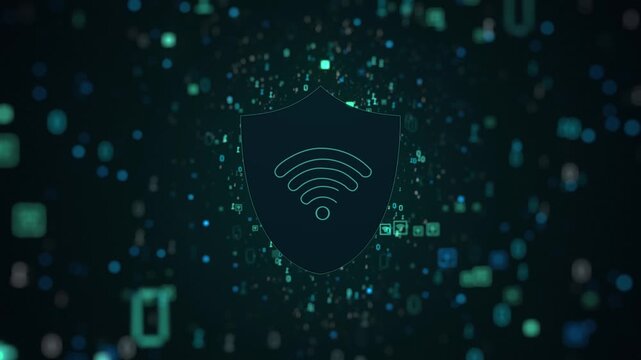 Glowing neon shield emblem with futuristic circuit board background representing digital security and cyber protection in a vibrant color wifi