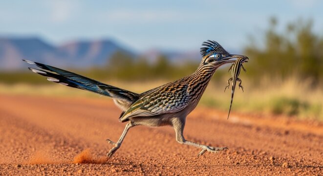 Roadrunner bird running on dirt road with lizard in its beak.