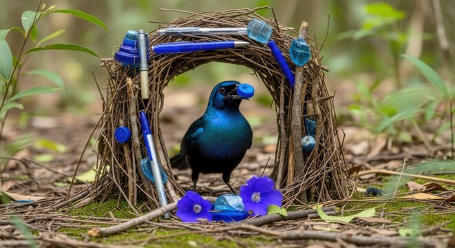 Satin bowerbird standing in front of nest decorated with blue plastic objects.