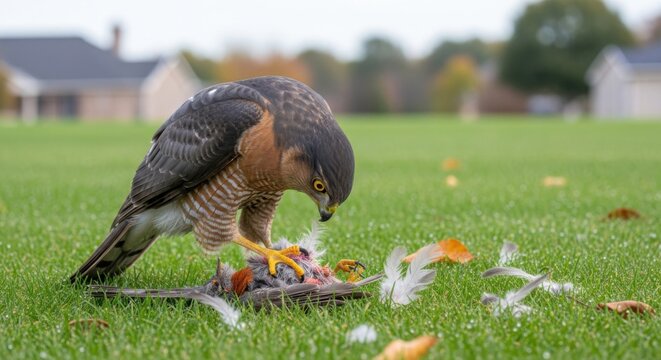 Sharp shinned hawk pinning down small bird on green suburban lawn.