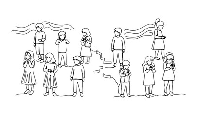 Continuous Line Art Group of Children Mental Health Awareness Peer Pressure and Emotional Support Concept Vector