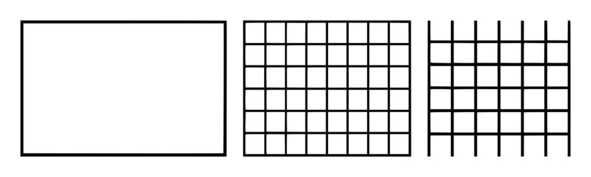 UX wireframe grid icon set with solid black symbol on white background featuring wireframe, grid, UI design with flat and minimalist style