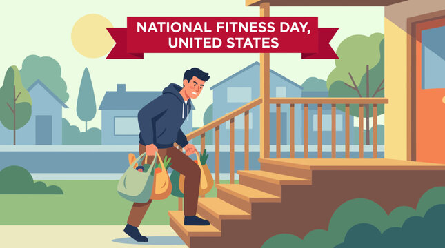 National Fitness Day concept with man carrying grocery bags up stairs