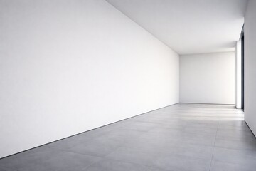 Fototapeta premium Minimal Long Corridor Interior with White Wall and Concrete Floor Perspective Copy Space