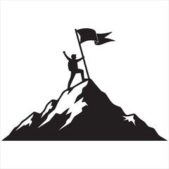 Silhouette of a triumphant explorer planting a flag on a mountain summit, symbolizing achievement and success © shitul