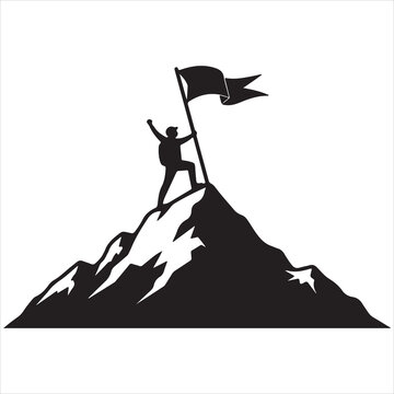 Silhouette of a triumphant explorer planting a flag on a mountain summit, symbolizing achievement and success