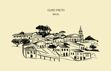 Fototapeta premium Ouro Preto Brazil colonial town sketch historic city architecture