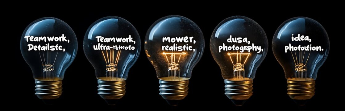Five glowing light bulbs with handwritten business concepts on glass teamwork