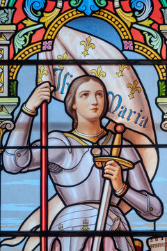 Stained glass of Saint Joan of Arc. Saint of the Roman Catholic Church.