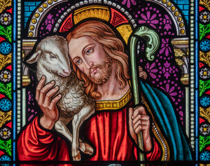 Obraz premium Stained glass (19th century) of Jesus the Good Shepherd.