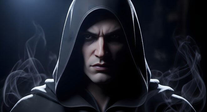 Mysterious hooded figure with intense gaze, shrouded in ethereal smoke, conveying a sense of intrigue and hidden power in a dark, atmospheric setting