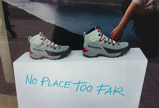 Innsbruck, Austria - March 8, 2026: model of trekking boots SCARPA Mescalito TRK GTX WMN.