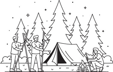 Fototapeta premium Group of Friends Setting Up a Camping Tent in a Pine Forest