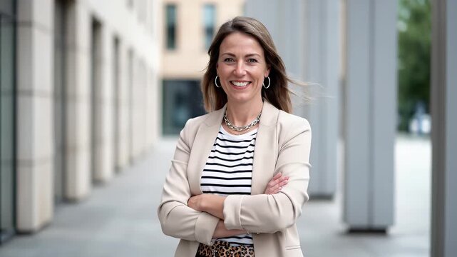 Confident Businesswoman Posing Outdoors with Arms Crossed and Smiling.