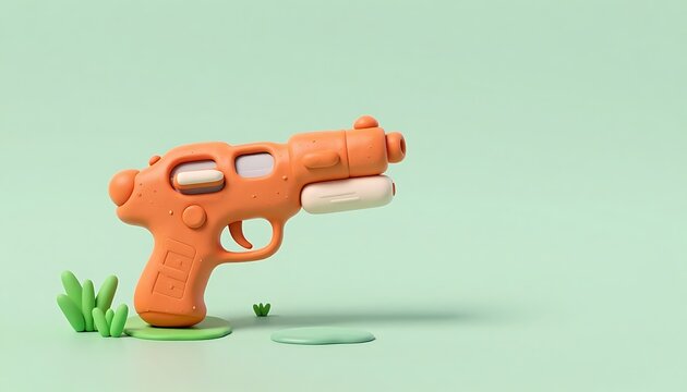 Toy orange water gun resting on green grass against pastel green background  