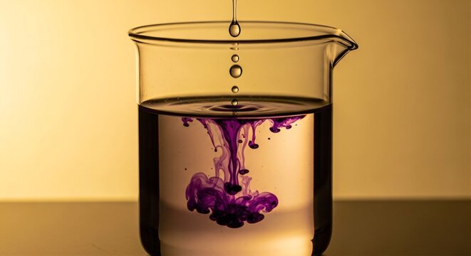 Purple potassium permanganate solution turning clear during a redox reaction, plain mustard yellow background.
