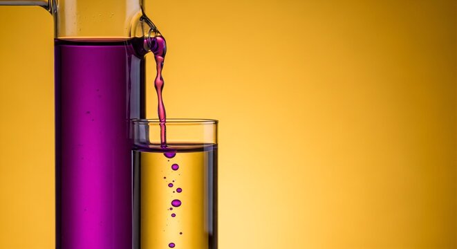 Purple potassium permanganate solution turning clear during a redox reaction, plain mustard yellow background.