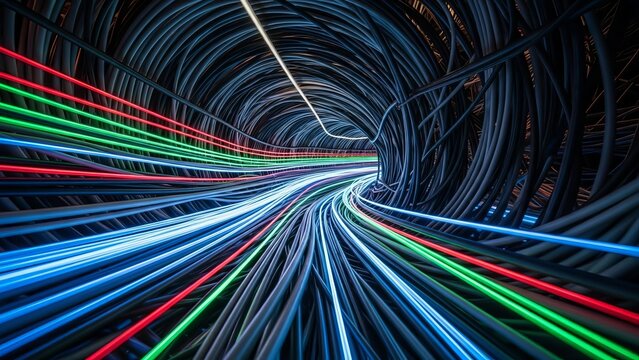 Abstract technology background, colorful neon lights, futuristic tunnel, speed motion, glowing blue, green, and red lines