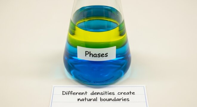 Laboratory flask with layered liquids demonstrating density