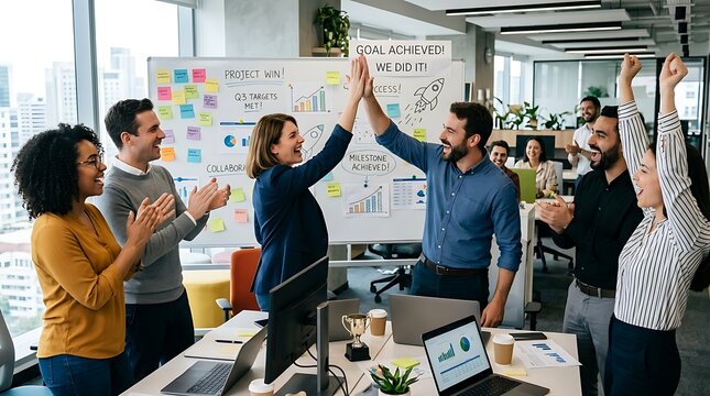 A diverse team celebrates success in a modern office, giving high-fives and smiling around a desk with charts, laptops, and a whiteboard showing achieved goals and performance growth.