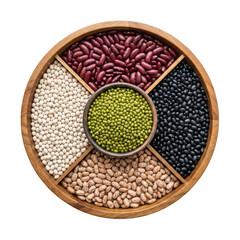 Fototapeta premium Assorted dried beans in a wooden circular divider isolated on transparent