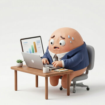 A cute 3D bean-shaped character in a business suit, sweating and looking panicked while typing on a laptop with data charts in the background.