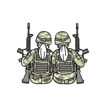 Vector illustration of two female soldiers in camouflage sitting together