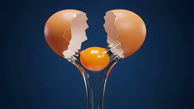 3D cracked eggshell with raw yolk falling down on blue background.