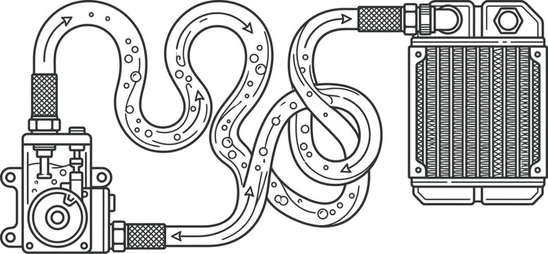 A detailed technical diagram illustrates a fluid cooling system, showcasing a pump, interconnected pipes, and a radiator with flowing liquid and bubbles.