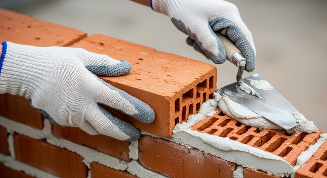 Construction worker laying bricks with cement using a trowel on site