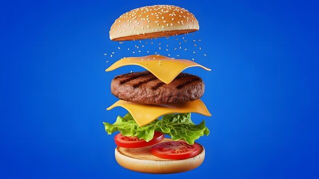 3D exploding cheeseburger with flying ingredients on blue