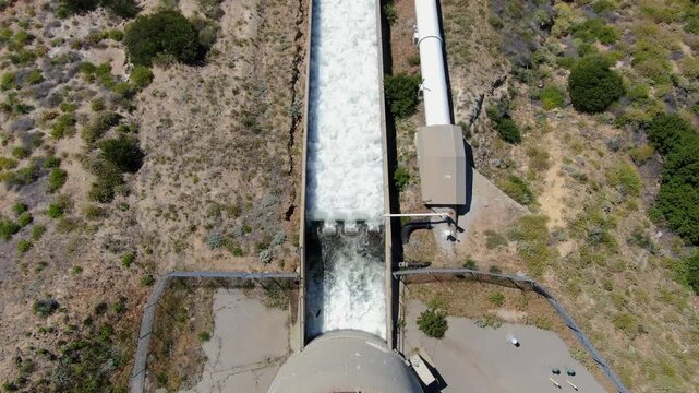 Top-Down Aerial View of Los Angeles Aqueduct Surge Tank and Water Spillway