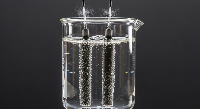 Water electrolysis in a beaker with electrodes, gas bubbles forming on tips, plain charcoal background.